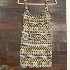 Zara Womens Sheath Dress Multicolor Geometric Stretch Mini Faux Pockets Retro S