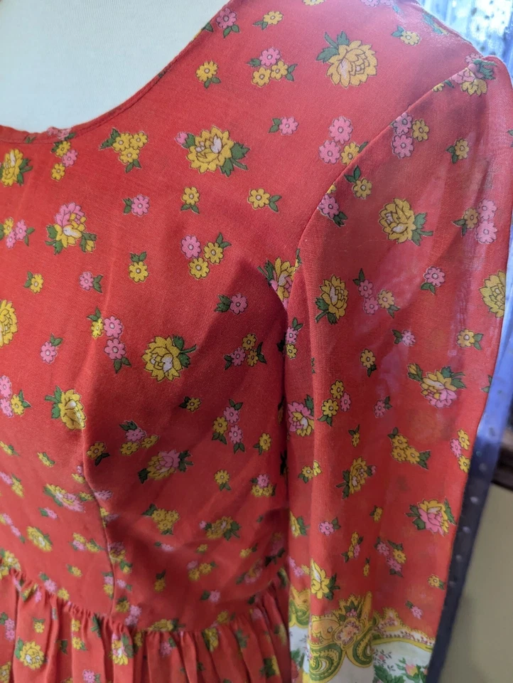 Vintage 70's Montgomery Wards Orange Floral Boho Babydoll Mini Dress Size S - Изображение 4 из 4