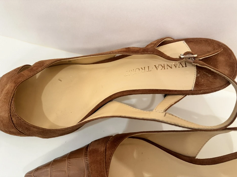 Bomba Ivanka Trump Castaño Marrón Gamuza Eslinga Trasera con Puntera Imitación Cuero Cocodrilo Foto 4 de 4