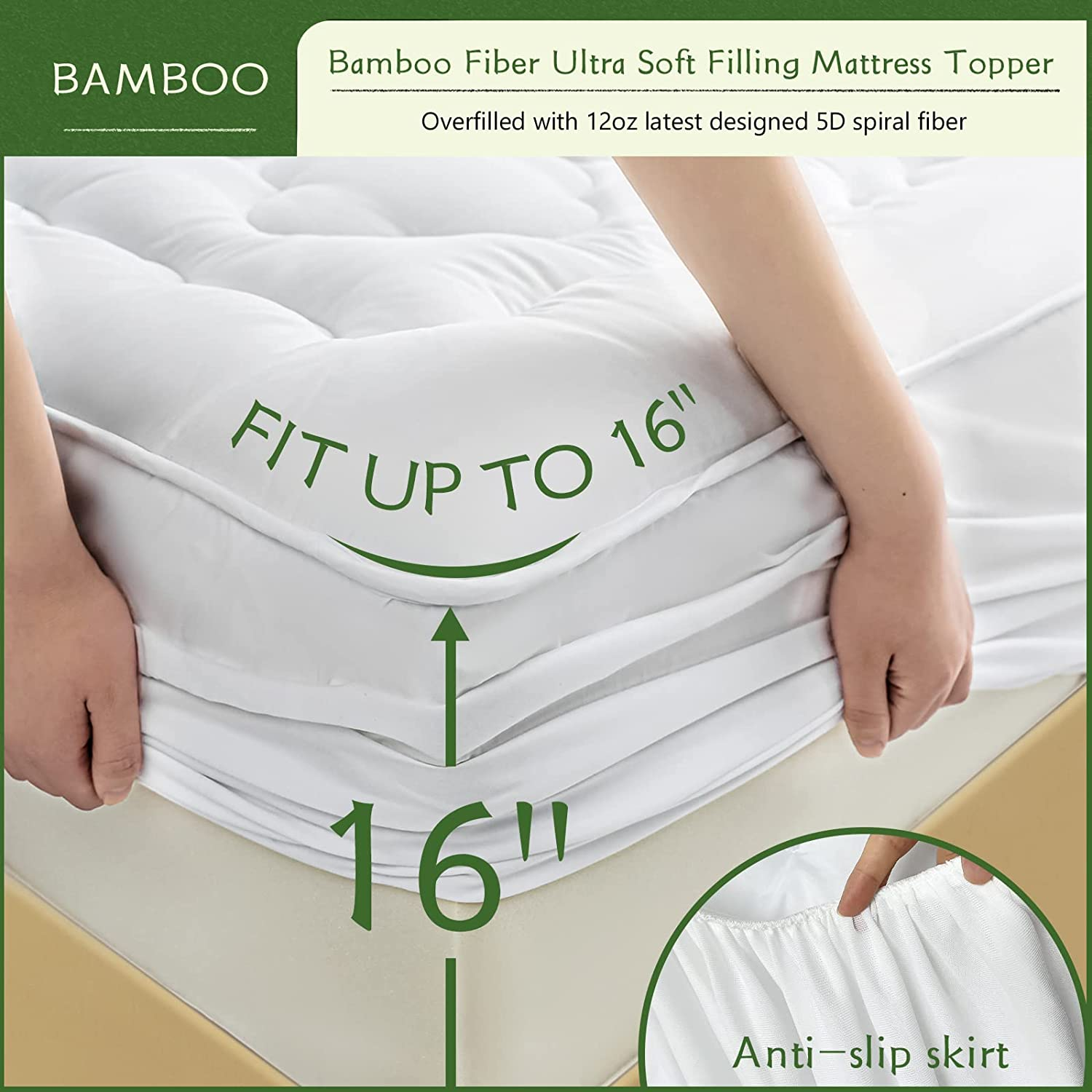 Bamboo Cooling Mattress Pad Cover Full Size, Extra Thick Quilted Fitted