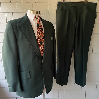 70s Vintage Ratner Clothes Green Polyester 3-Button 2-Piece Mens