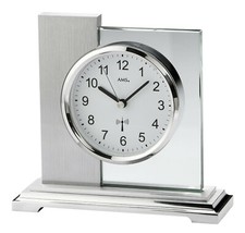 AMS 5140 Tischuhr Funk silbern eckig modern Metall mit Glas Funktischuhr
