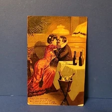 Antique 1908 VALENTINE Postcard LOVING COUPLE DRINK WINE AND EACH OTHER