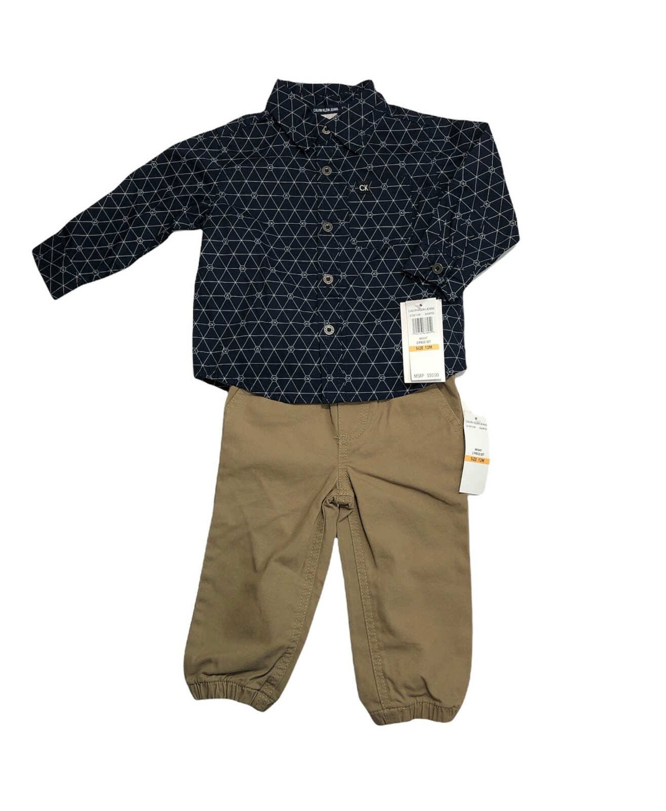 Calvin Klein Baby Boys' 2 PC Shirt Pants Set, Navy Blazer/Lead Grey/Silver 12M