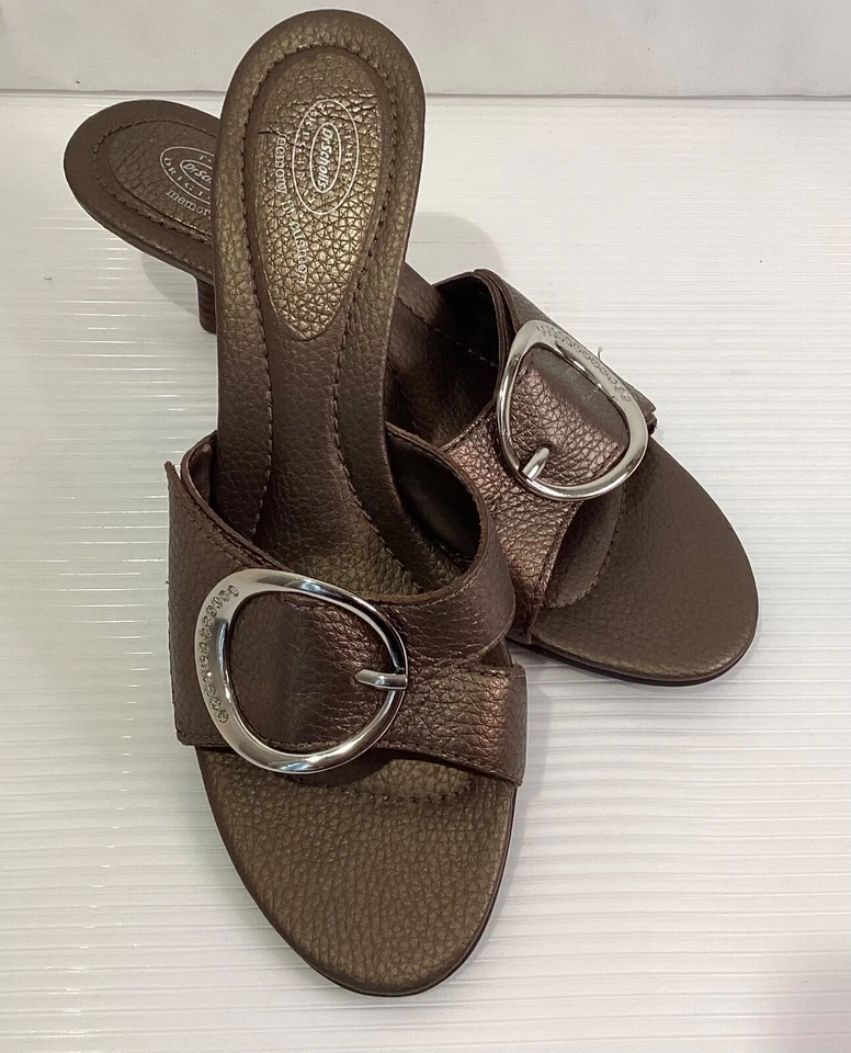 Dr. Scholl’s Size 8M Leather Woman’s Sandals Slip on Shoes Color Bronze Heel 2” - Image 2 of 4
