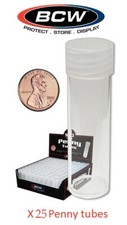 25 BCW Round Tubes For Penny Cents Coins Clear Plastic Cent Storage Screw On Cap