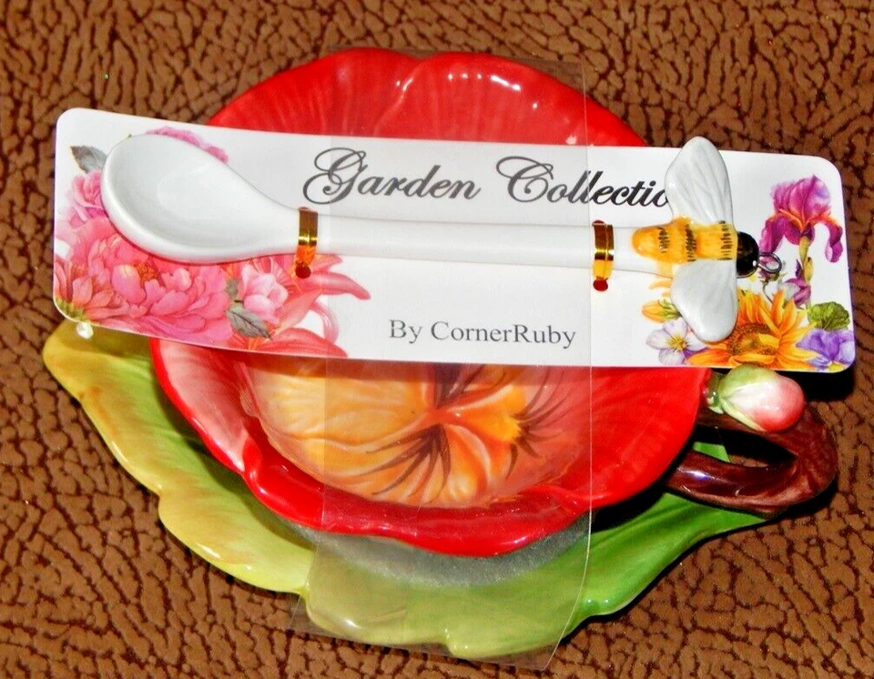 Juego de cuchara platillo hoja taza de té flor roja amapola colección jardín rubí esquina nuevo con etiquetas Foto 4 de 4