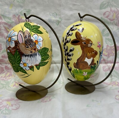 Vintage Large Hand, Painted Easter Egg Ornaments With Stands Pair, Yellow bunny