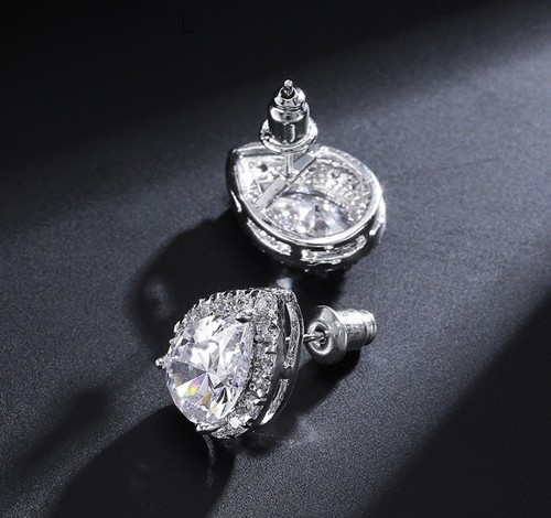 18k White Gold Filled Stud Halo Earrings made w Swarovski Crystal Pear Stone - Picture 5 of 12