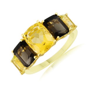 Authentic 5.84 Ct Citrine, Smoky & Lemon Quartz 18K Gold Plated Silver Five Stone Ring