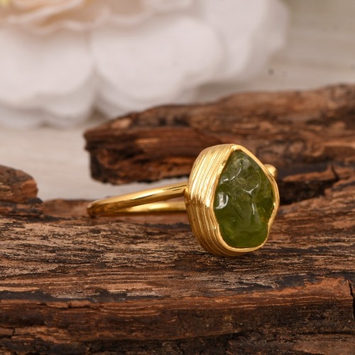 Raw Peridot Gold Plated Rough Ring Handmade Crystal Jewelry For Women Gifts - Picture 5 of 12