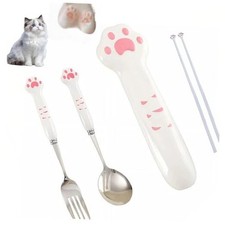 Cat Paw Utensil Set, Cute Pink Paw Print Spoon Fork and Chopsticks with Case,