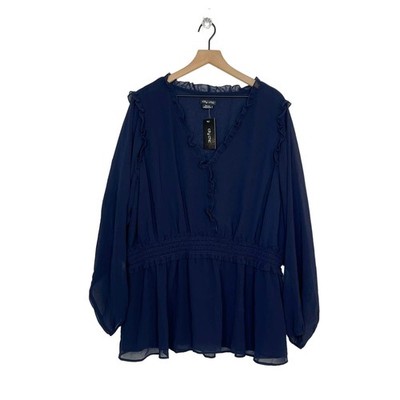 NEW City Chic Top Women's Plus Size 24 Navy Blue Ruffle Lust Peplum Hem Sheer