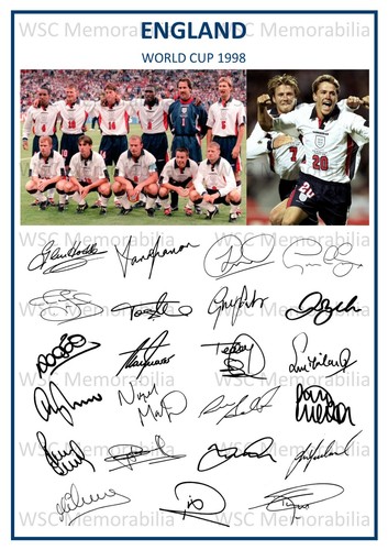 12675. England World Cup 1998 Signed Team Picture Sheet (PRINTED AUTOGRAPHS A4)