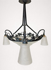 Lustre Fer Forgé Art Déco En Verre Moulé 1930 Verrerie " Des Hanots "