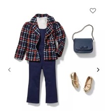 Janie And Jack Boucle Plaid Jacket Coat Blazer Navy Blue Red Size 7-8 Christmas