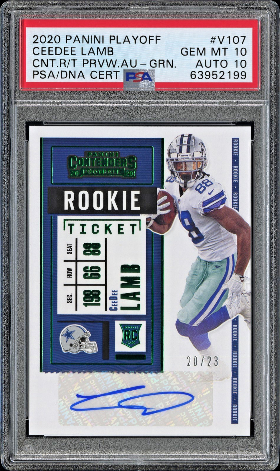 2020 Contenders CeeDee Lamb Rookie Ticket Preview Auto Green /23 PSA 10 Pop 3