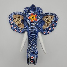 Hand Painted Carved Wood Elephant Wall Hanging Jamaica Folk Art Shell Decor 10