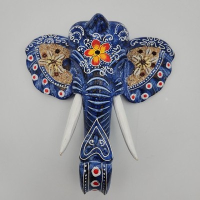 Hand Painted Carved Wood Elephant Wall Hanging Jamaica Folk Art Shell Decor 10''