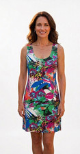 Mango Tango Multicolored Abstract Floral Stretch Sleeveless Dress Women MEDIUM