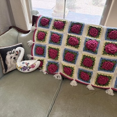3D Afghan Granny Square Pink Roses 31  x 46 Farmhouse Shabby Chic Cottage Core