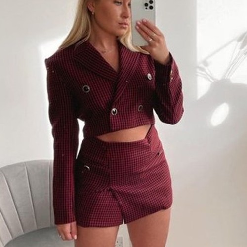 Zara Houndstooth Cropped Blazer Jacket Shoulder Pad Double Breasted Plaid - Picture 8 of 13