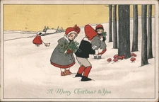 Christmas Children Illustrated Greeting with Gathering Evergreens Snow 1914 NY B