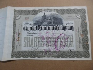 1900 Capital Traction Company Stock Certificate Washington DC Streetcar Antique