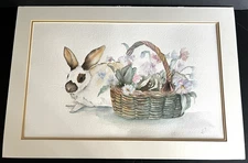 Original Art Watercolor Painting  Bunny with Basket of Flowers Signed 24 x 16
