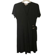 Michael Kors Dress Womens Large Black Faux Wrap MK Gold Ring & Tie Waistline
