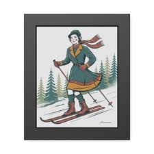 Vintage Woman Skier Framed Poster, Chalet Wall Art, White Mountains Decor, Ski