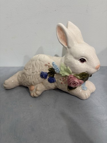 Vintage Ceramic Bunny Figurine Crackle Glaze Floral Rabbit Easter Spring