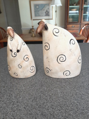 Two Terracotta Folk Art Sheep Figurines 7'' - Rustic Finish