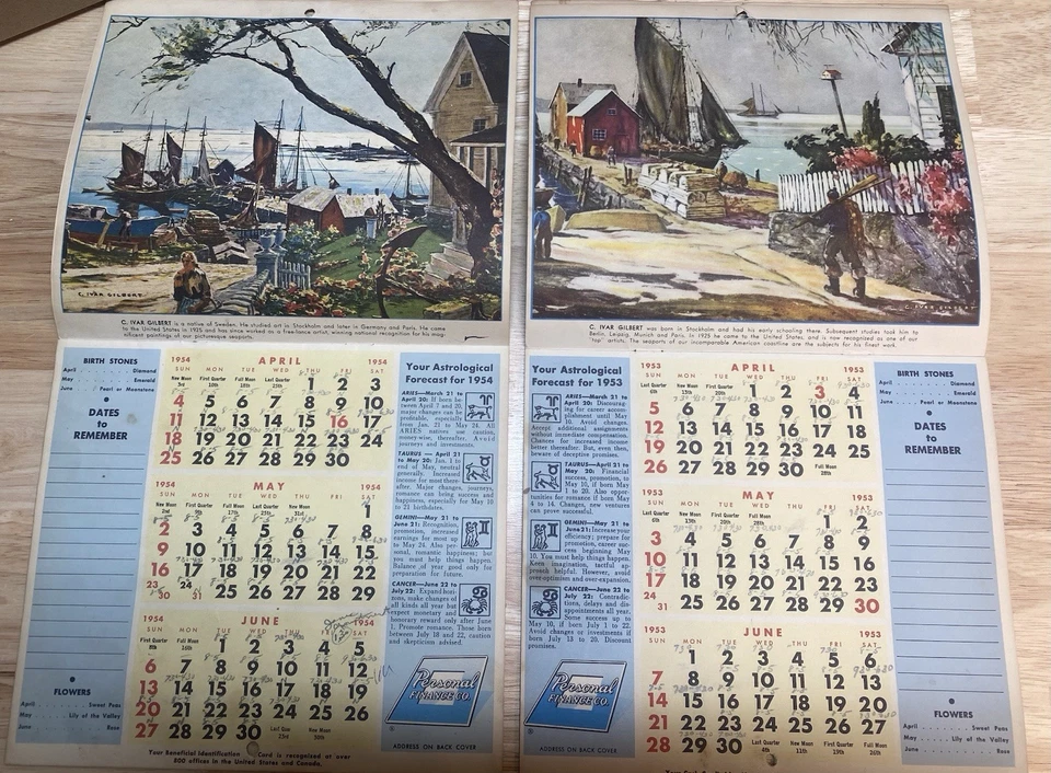 Calendarios de pared vintage de Navidad 1953 1954 Foto 3 de 4