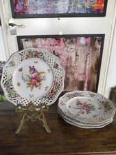 Antike deutsche Schumann Dresden floral durchbohrte Netzplatten 4er Set