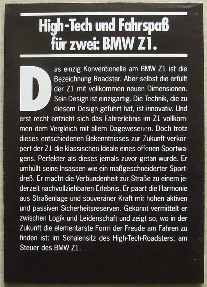 BMW Z1 SPORTS CONVERTIBLE Car Sales Brochure 1989 #911080110 GERMAN TEXT - Image 4 of 4