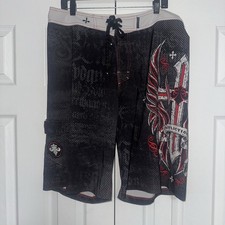 VTG Affliction Y2K Embroidered Swim Trunks Board Shorts Cross Men's Sz 38"