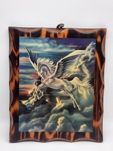 Vintage 80s Sue Dawe Pegasus Lacquered Wooden Wall Plaque Fantasy 11.75" x 9.75"