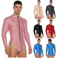 Mens Silky Zipper Front Full Bodysuit Zentai Suit Long Sleeve Leotard Active
