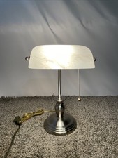Brushed Aluminum Bankers Desk Lamp with White Frosted Shade  Pull Chain