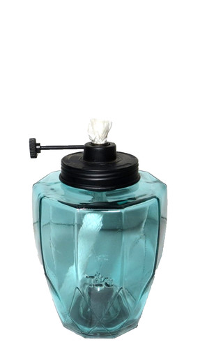 Tiki Torch Blue Glass Bottle Adjustable Flame 6-1/4" Tall x 4-1/2" Wide