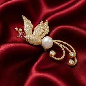 Authentic 2.10Ct Round Cut Real Moissanite Phoenix Bird Brooch Pin 14K Yellow Gold Plated