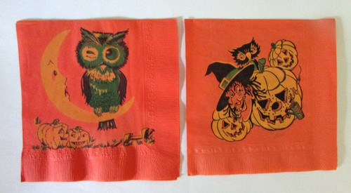 2 Vintage Crepe Paper Napkins Owl  Perched on Moon & Witch JOL Smoking Pipe