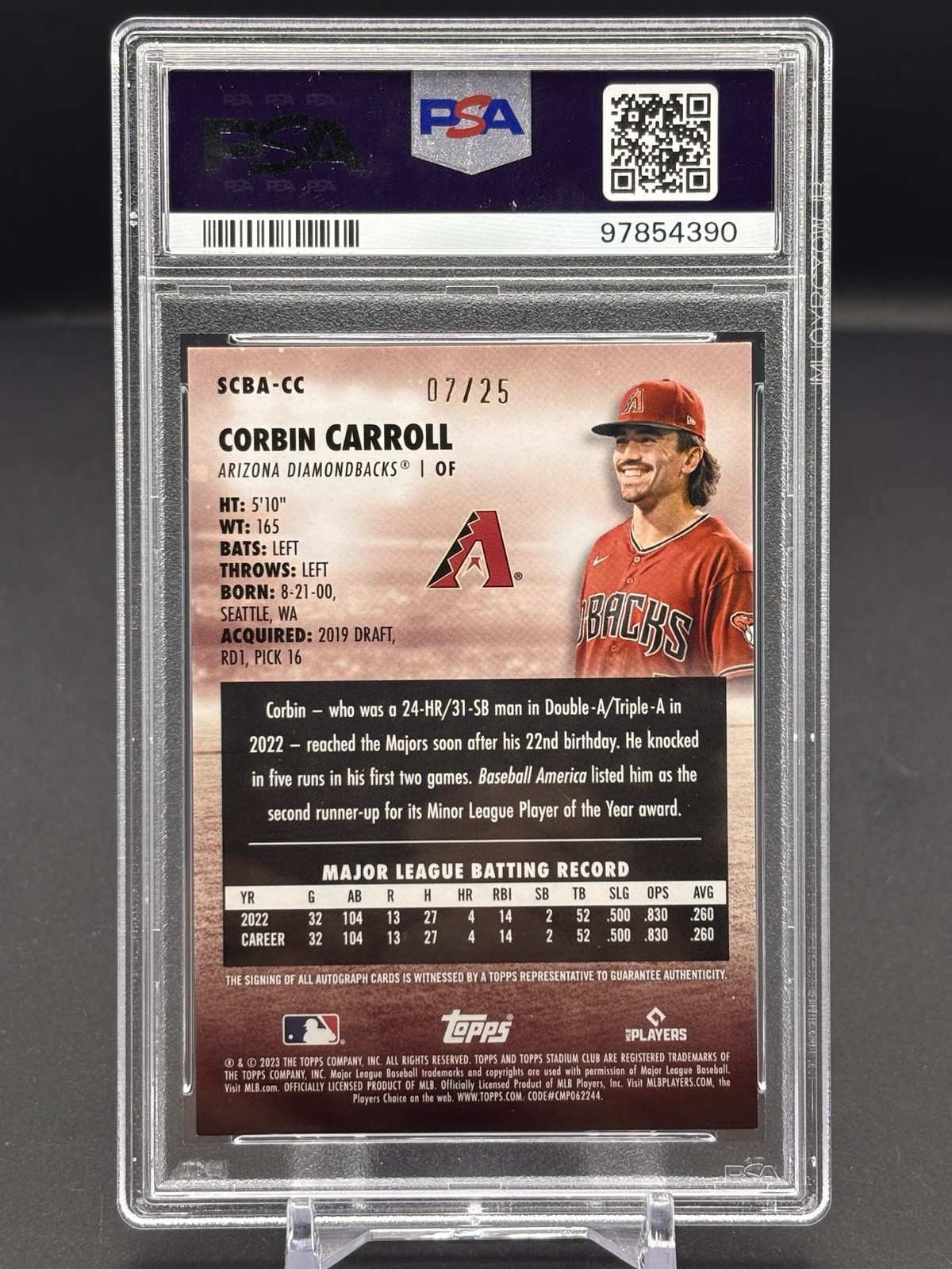 2023 Topps Stadium Club Corbin Carroll RC Auto Black Foil 7/25 JERSEY # PSA 9 view 2