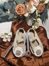Cat Jack Girls Ballet Flats Slip-On Woven Flower Accent Round Toe Beige 6