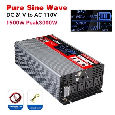 1500W Peak 3000W Pure Sine Wave Power Inverter 24V DC to AC 110V 120V with LCD