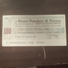 Italy 100 Lire Banknote 1977 Banca Popolare di Novara Assegno Circolare