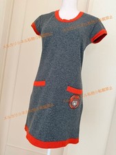 USED CHANEL GREY/ORANGE SHORT-SLEEVE KNIT DRESS WITH POCKETS AND PATCHES GOOD