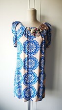 SALE! RIVER ISLAND Light Cream & Blue Floral Shift Dress Puff Sleeve Size 12