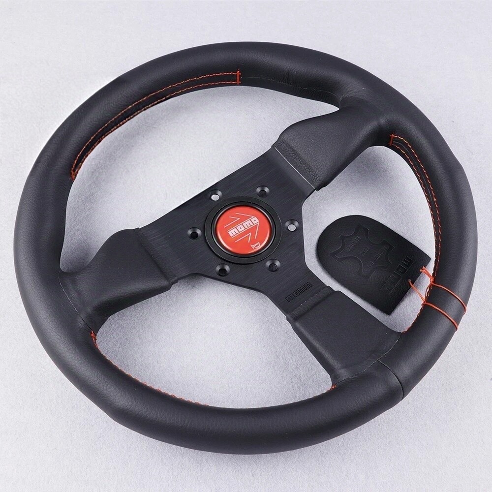 330mm Leather Flat Racing Steering Wheel Red Stitch Fit for Omp